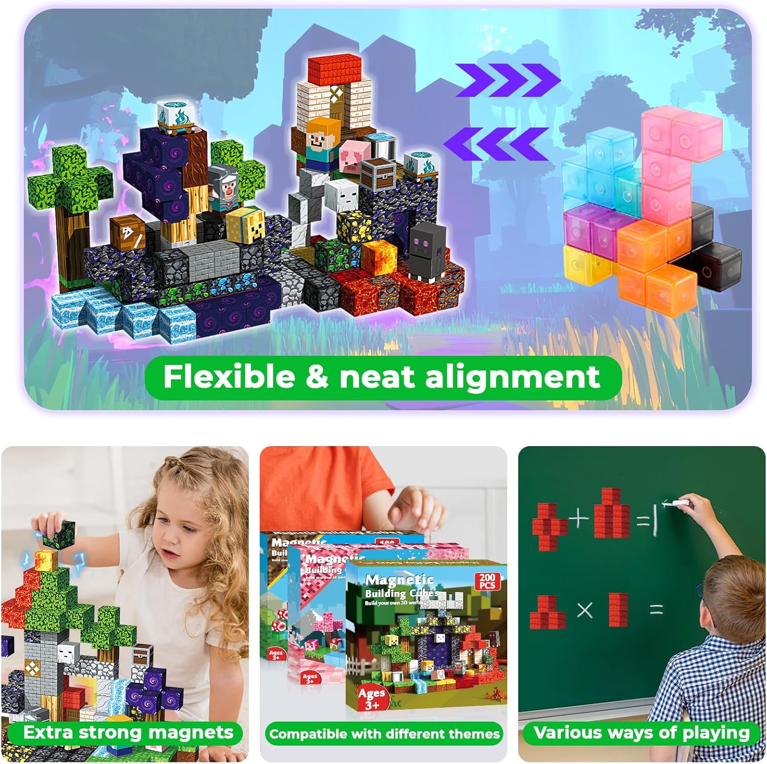 MAGNECRAFT Magnetic Blocks – 200 pcs cubes magnétiques de construction STEM pour enfants dès 3 ans