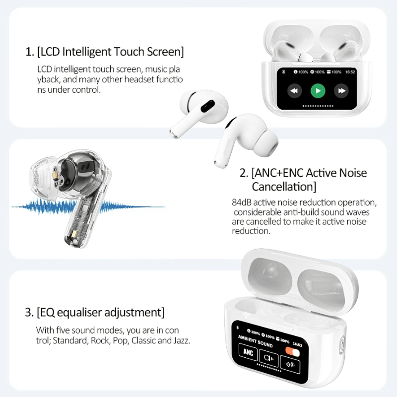TouchPods S10 Pro ANC/ENC écouteurs sans fil Bluetooth, écran tactile LCD, réduction active du bruit, traducteur IA intelligent