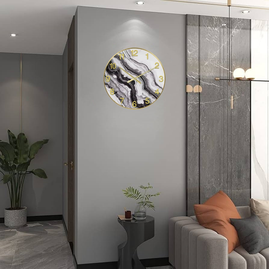 Horloge murale en verre 40x40cm Silencieuse Pierre Or Marbre Wall Clock Horloge murale en verre 40x40cm Silencieuse Pierre Or Marbre Wall Clock