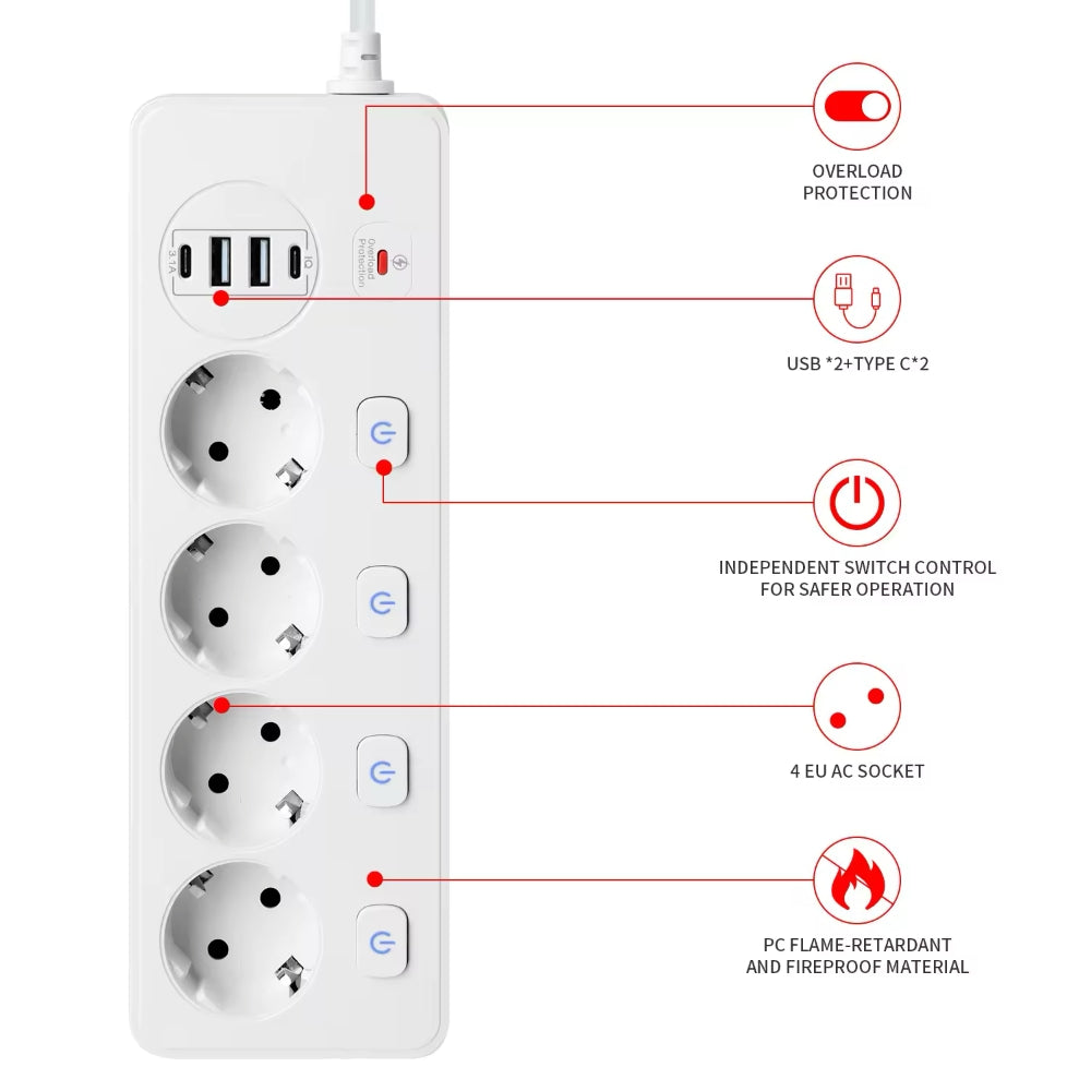 Multiprise avec protection contre les surtensions, interrupteur, x4 Schuko, x2 USB-A, x2 USB-C